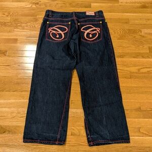 Coogi Y2K Dark Blue Wide Leg Jeans with Red Stitching 40×34